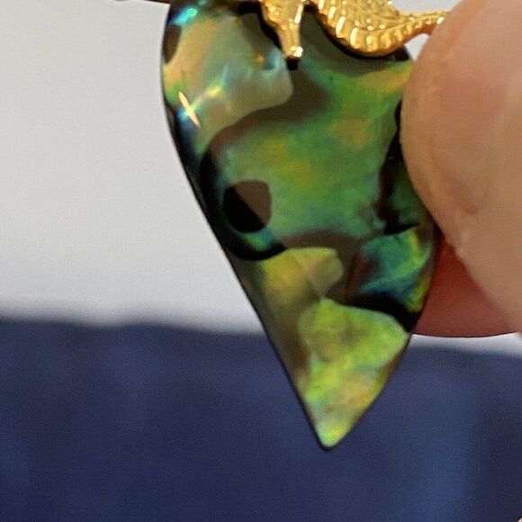 Abalone Tear Drop Gold Tone Seahorse Dangle Earrings - Picture 3 of 7